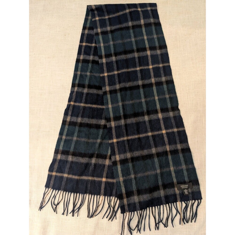 Nordstrom 100% Cashmere Men's Plaid Scarf Navy/Green Fringe 12" x 74"
